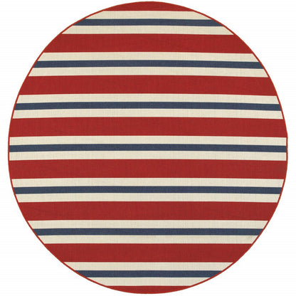 8' X 8' Red and Ivory Round Geometric Stain Resistant Indoor Outdoor Area Rug