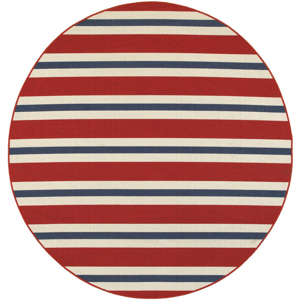 8' X 8' Red and Ivory Round Geometric Stain Resistant Indoor Outdoor Area Rug