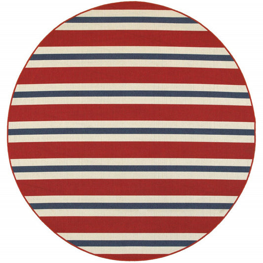 8' X 8' Red and Ivory Round Geometric Stain Resistant Indoor Outdoor Area Rug