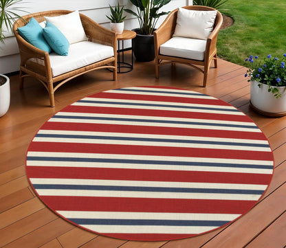 8' X 8' Red and Ivory Round Geometric Stain Resistant Indoor Outdoor Area Rug