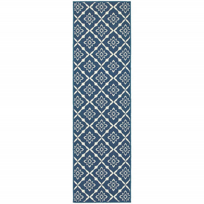2' X 8' Blue and Ivory Floral Stain Resistant Indoor Outdoor Area Rug