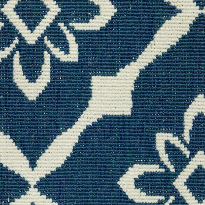 2' X 8' Blue and Ivory Floral Stain Resistant Indoor Outdoor Area Rug