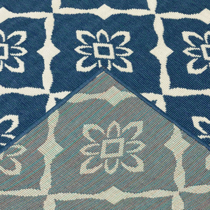2' X 8' Blue and Ivory Floral Stain Resistant Indoor Outdoor Area Rug