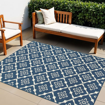 4' X 6' Blue and Ivory Floral Stain Resistant Indoor Outdoor Area Rug