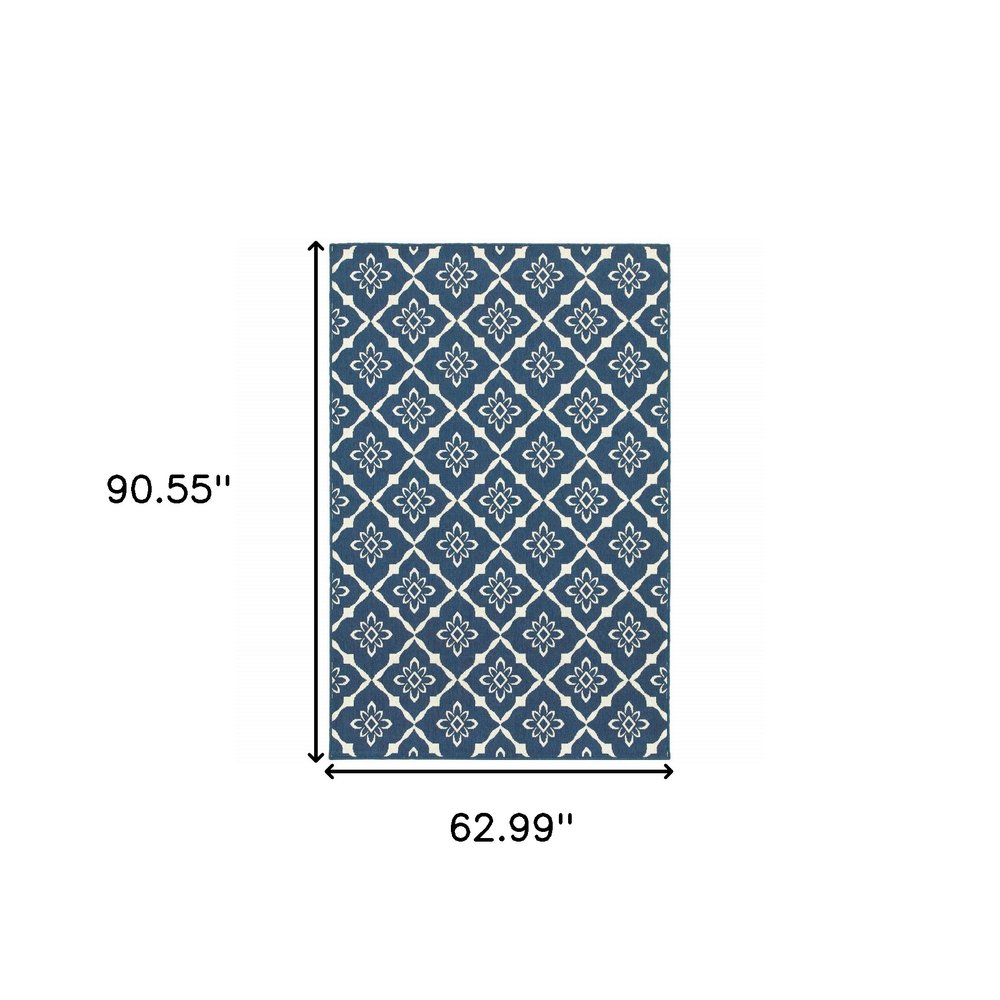 5' X 8' Blue and Ivory Floral Stain Resistant Indoor Outdoor Area Rug