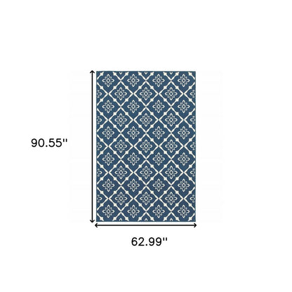 5' X 8' Blue and Ivory Floral Stain Resistant Indoor Outdoor Area Rug