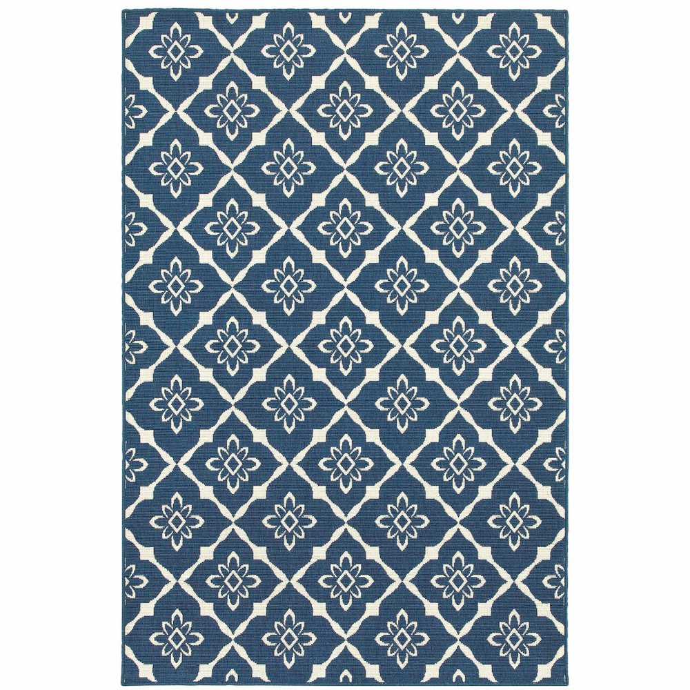 5' X 8' Blue and Ivory Floral Stain Resistant Indoor Outdoor Area Rug