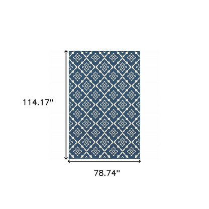 7' x 10' Blue and Ivory Floral Stain Resistant Indoor Outdoor Area Rug