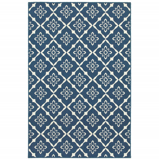 7' x 10' Blue and Ivory Floral Stain Resistant Indoor Outdoor Area Rug