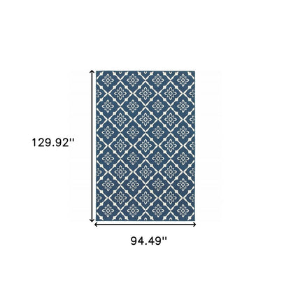 8' X 11' Blue and Ivory Floral Stain Resistant Indoor Outdoor Area Rug