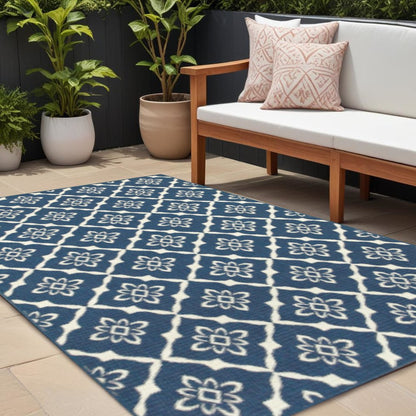 8' X 11' Blue and Ivory Floral Stain Resistant Indoor Outdoor Area Rug