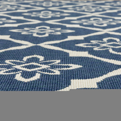 8' X 11' Blue and Ivory Floral Stain Resistant Indoor Outdoor Area Rug