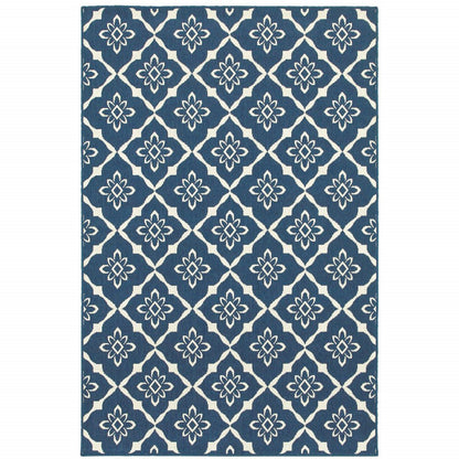 9' X 13' Blue and Ivory Floral Stain Resistant Indoor Outdoor Area Rug