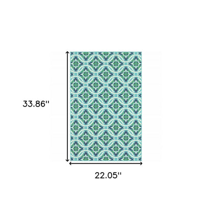 2' X 3' Blue and Green Geometric Stain Resistant Indoor Outdoor Area Rug