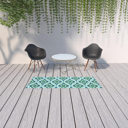 2' X 8' Blue and Green Geometric Stain Resistant Indoor Outdoor Area Rug
