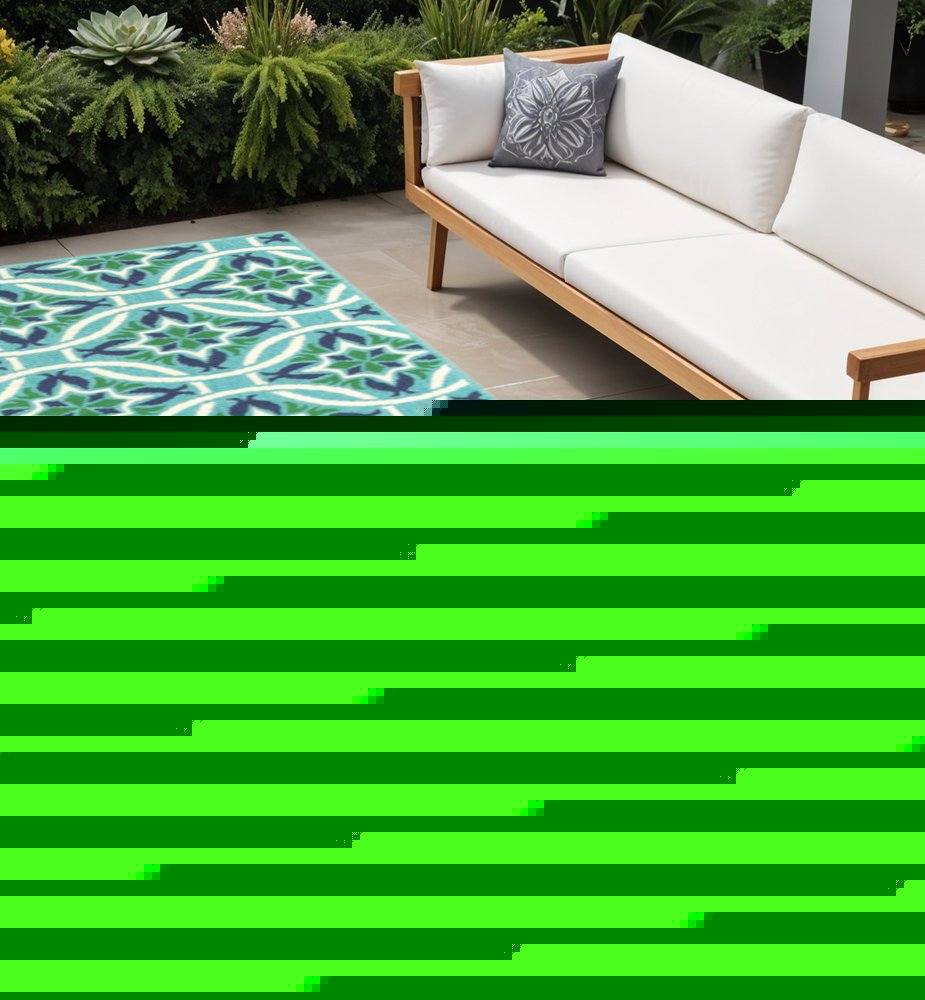 2' X 8' Blue and Green Geometric Stain Resistant Indoor Outdoor Area Rug