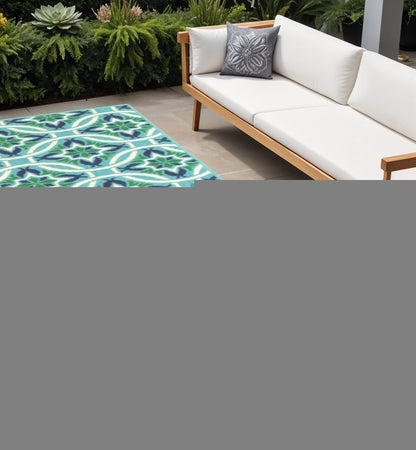 2' X 8' Blue and Green Geometric Stain Resistant Indoor Outdoor Area Rug