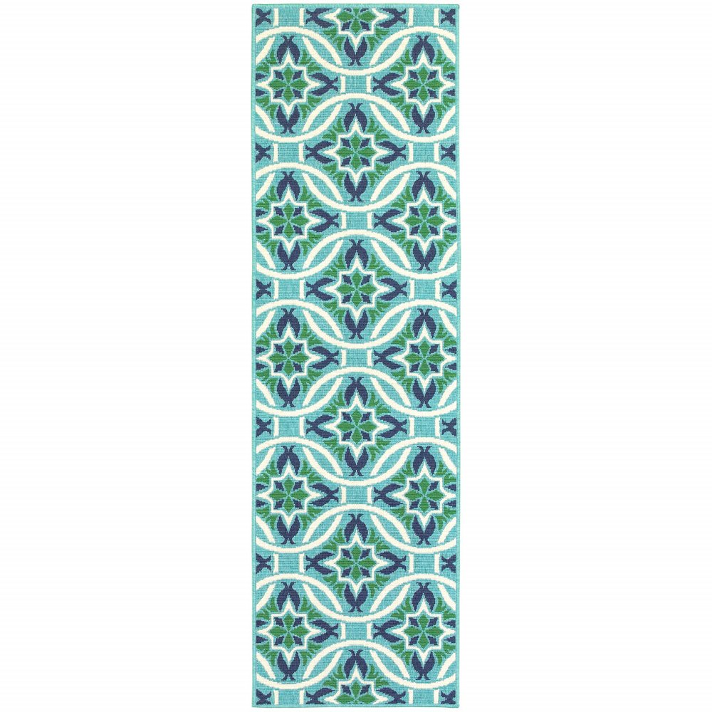 2' X 8' Blue and Green Geometric Stain Resistant Indoor Outdoor Area Rug