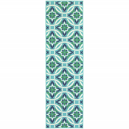 2' X 8' Blue and Green Geometric Stain Resistant Indoor Outdoor Area Rug