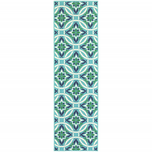 2' X 8' Blue and Green Geometric Stain Resistant Indoor Outdoor Area Rug