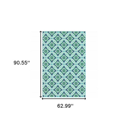 5' X 8' Blue and Green Geometric Stain Resistant Indoor Outdoor Area Rug