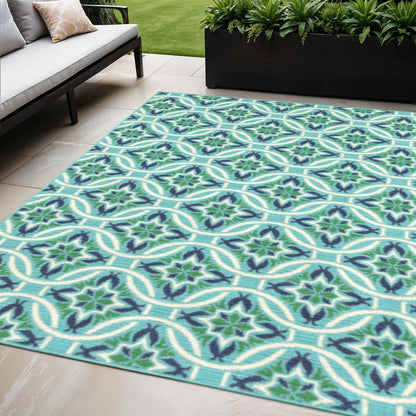 5' X 8' Blue and Green Geometric Stain Resistant Indoor Outdoor Area Rug