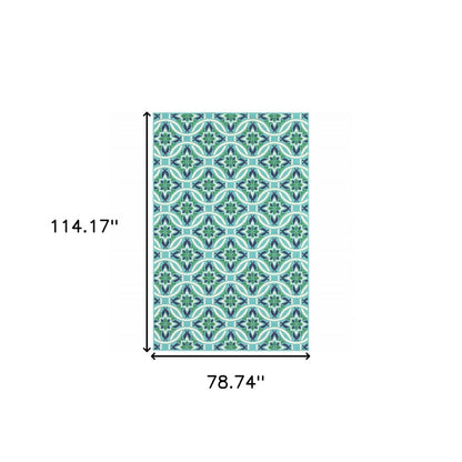 7' X 10' Blue and Green Geometric Stain Resistant Indoor Outdoor Area Rug
