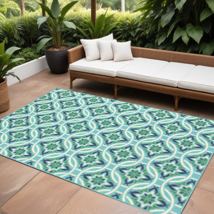 7' X 10' Blue and Green Geometric Stain Resistant Indoor Outdoor Area Rug