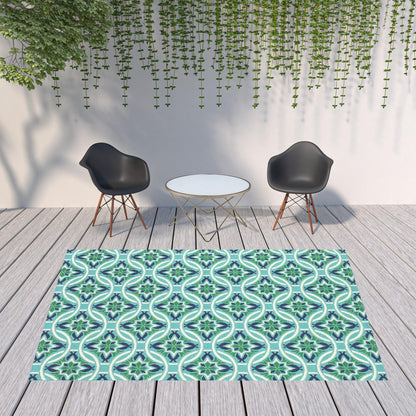 8' X 11' Blue and Green Geometric Stain Resistant Indoor Outdoor Area Rug