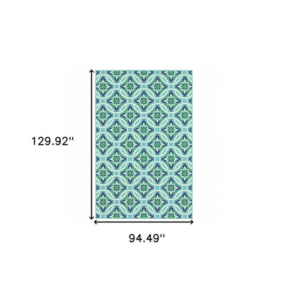 8' X 11' Blue and Green Geometric Stain Resistant Indoor Outdoor Area Rug