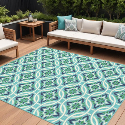 8' X 11' Blue and Green Geometric Stain Resistant Indoor Outdoor Area Rug