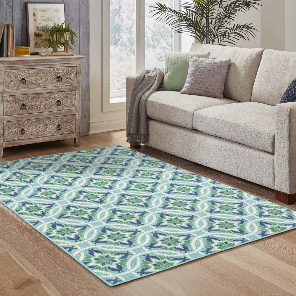 8' X 11' Blue and Green Geometric Stain Resistant Indoor Outdoor Area Rug