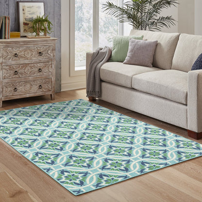8' X 11' Blue and Green Geometric Stain Resistant Indoor Outdoor Area Rug