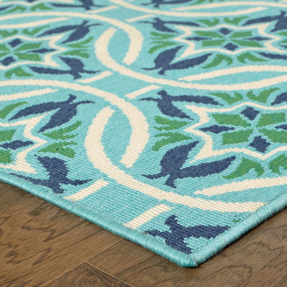 8' X 11' Blue and Green Geometric Stain Resistant Indoor Outdoor Area Rug