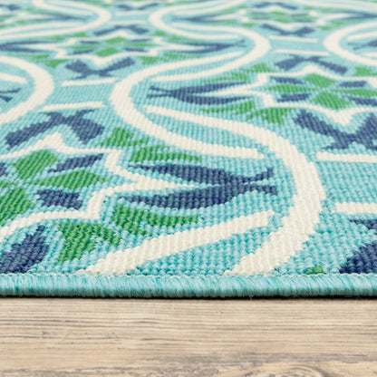 8' X 11' Blue and Green Geometric Stain Resistant Indoor Outdoor Area Rug