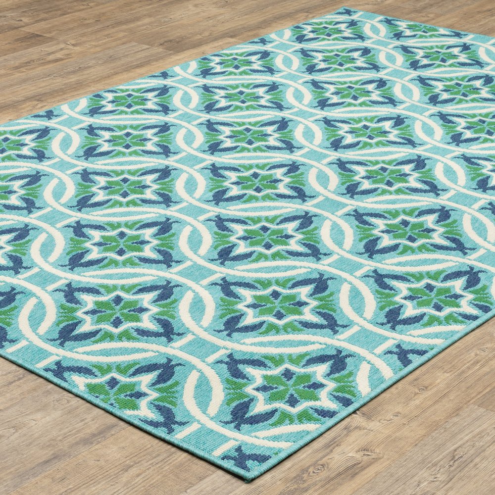 8' X 11' Blue and Green Geometric Stain Resistant Indoor Outdoor Area Rug