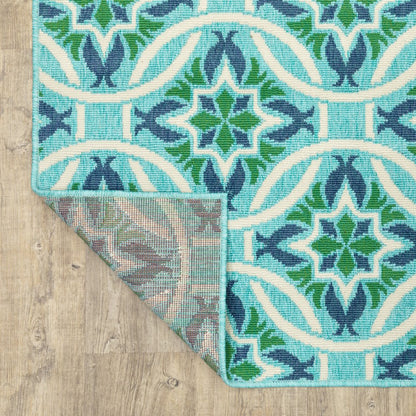 8' X 11' Blue and Green Geometric Stain Resistant Indoor Outdoor Area Rug