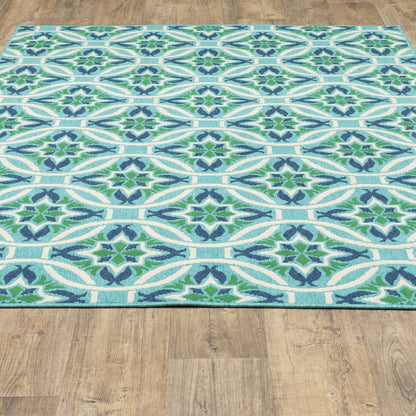 8' X 11' Blue and Green Geometric Stain Resistant Indoor Outdoor Area Rug