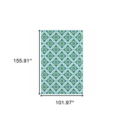 9' X 13' Blue and Green Geometric Stain Resistant Indoor Outdoor Area Rug