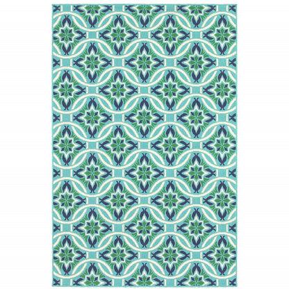 9' X 13' Blue and Green Geometric Stain Resistant Indoor Outdoor Area Rug