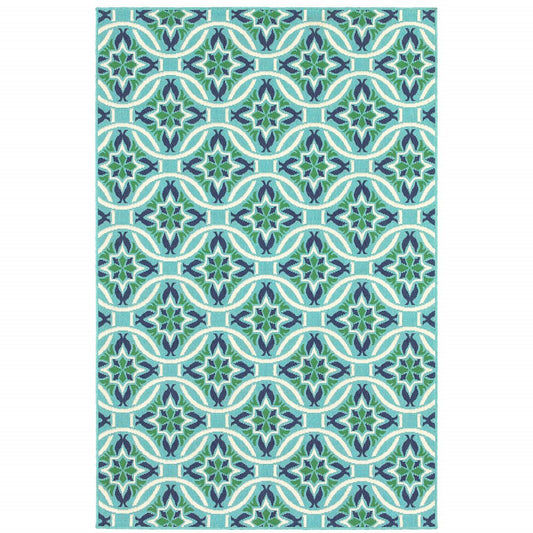9' X 13' Blue and Green Geometric Stain Resistant Indoor Outdoor Area Rug