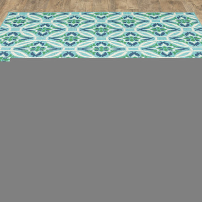 9' X 13' Blue and Green Geometric Stain Resistant Indoor Outdoor Area Rug