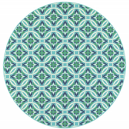 8' X 8' Blue and Green Round Geometric Stain Resistant Indoor Outdoor Area Rug