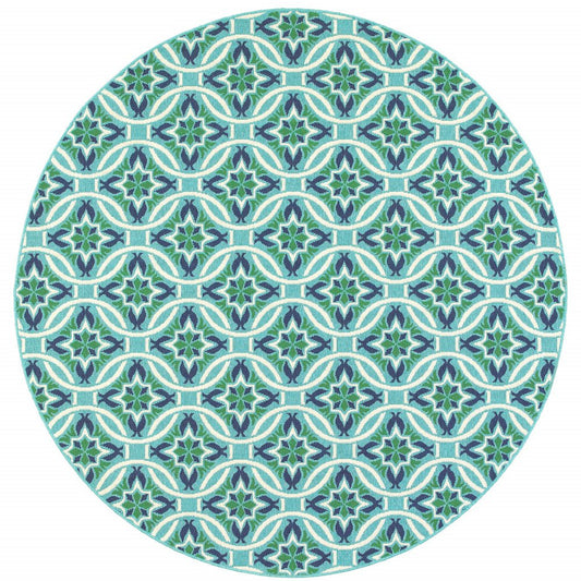 8' X 8' Blue and Green Round Geometric Stain Resistant Indoor Outdoor Area Rug