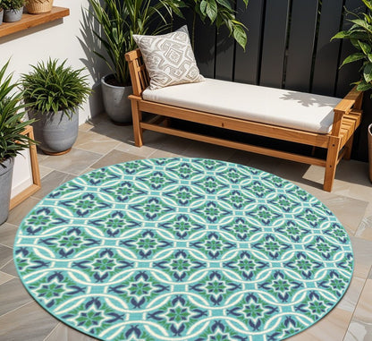 8' X 8' Blue and Green Round Geometric Stain Resistant Indoor Outdoor Area Rug