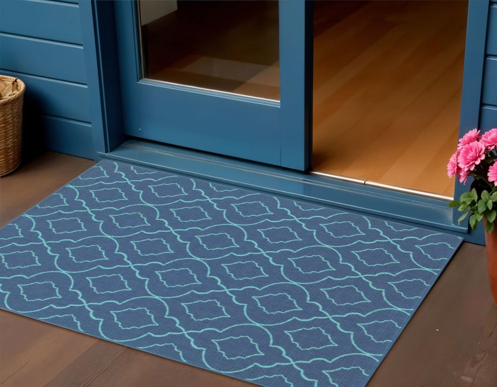 2' X 3' Blue Geometric Stain Resistant Indoor Outdoor Area Rug