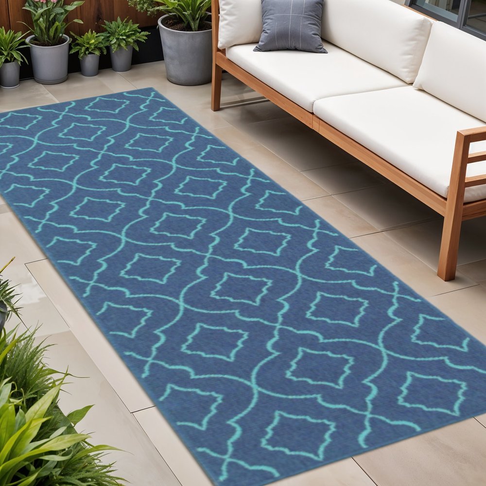 2' X 8' Blue Geometric Stain Resistant Indoor Outdoor Area Rug