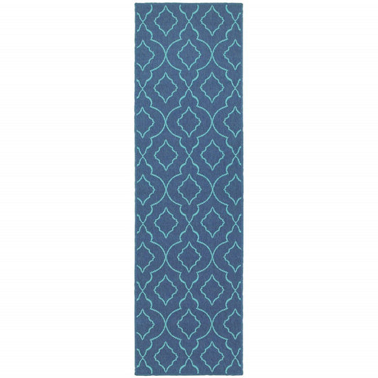 2' X 8' Blue Geometric Stain Resistant Indoor Outdoor Area Rug