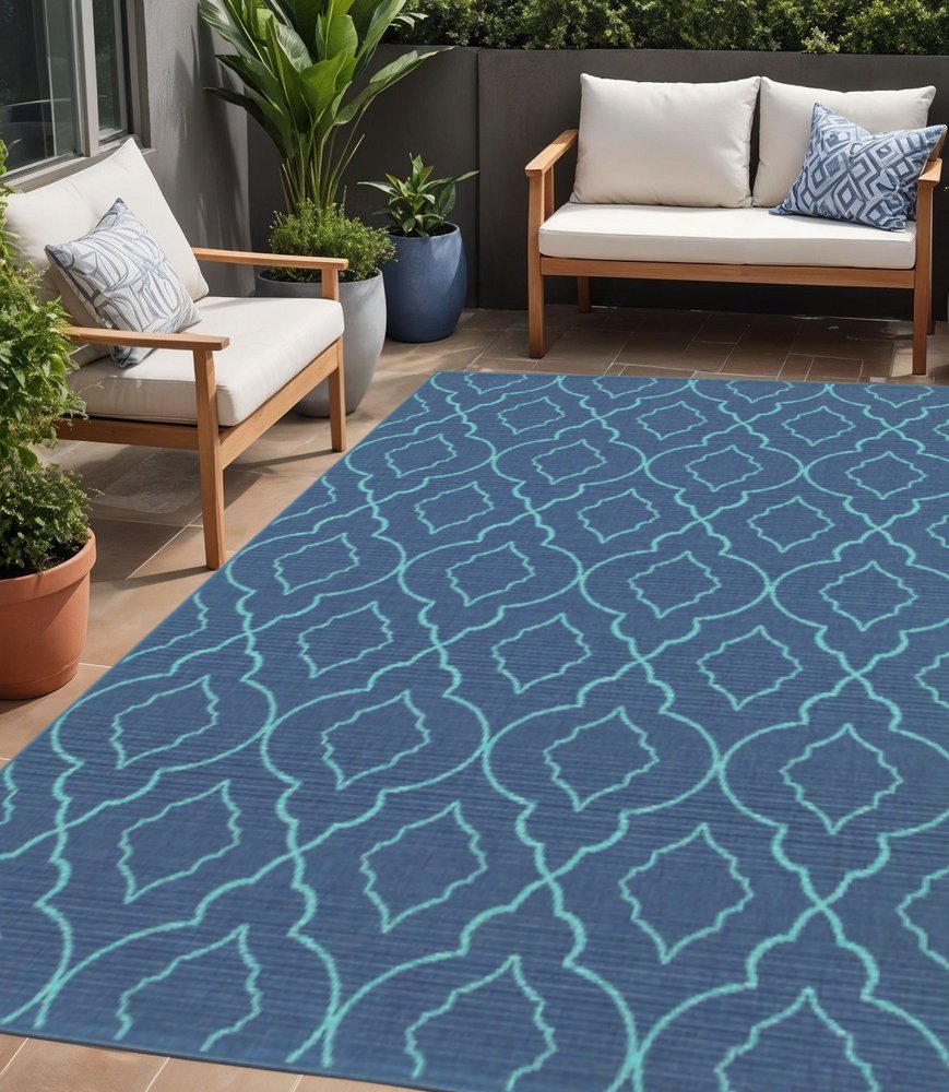 5' X 8' Blue Geometric Stain Resistant Indoor Outdoor Area Rug
