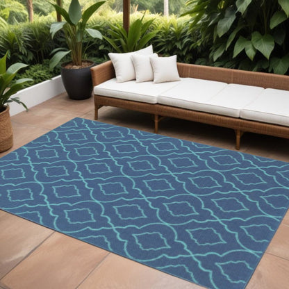 7' X 10' Blue Geometric Stain Resistant Indoor Outdoor Area Rug
